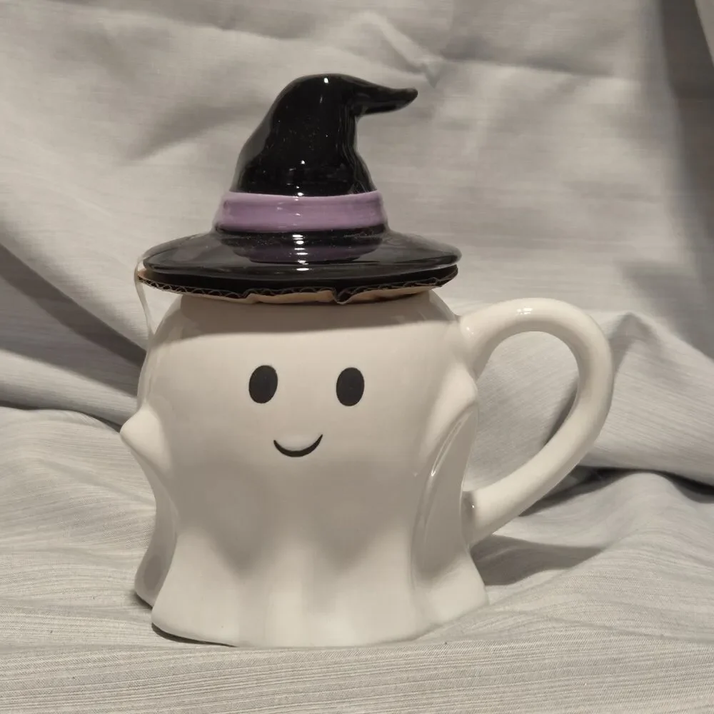 NEW Hyde and Eek Halloween White 3D Figural Ghost Mug w/Black Witch Hat Lid